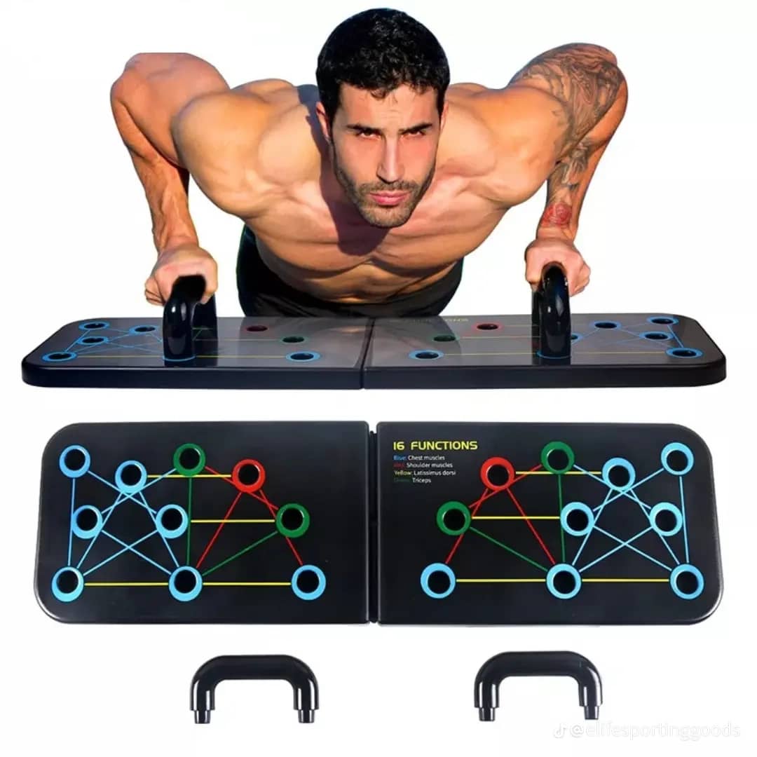 Man using the PRIMECART 16-function push-up board, showing the colour-coded muscle map and folding handles